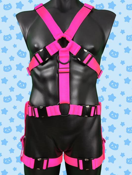 Chest Harness + Leg Straps - Neon Pink with Black Metal Hardware