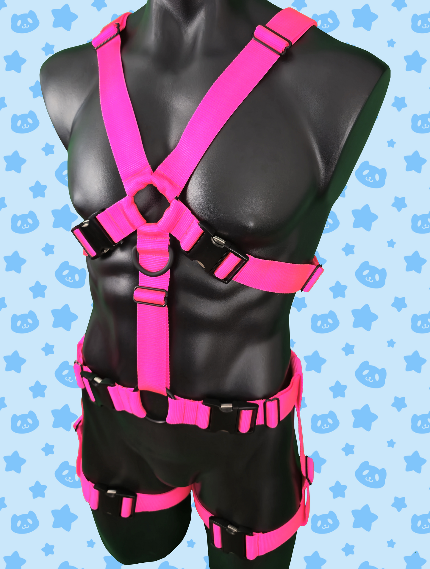 Chest Harness + Leg Straps - Neon Pink with Black Metal Hardware