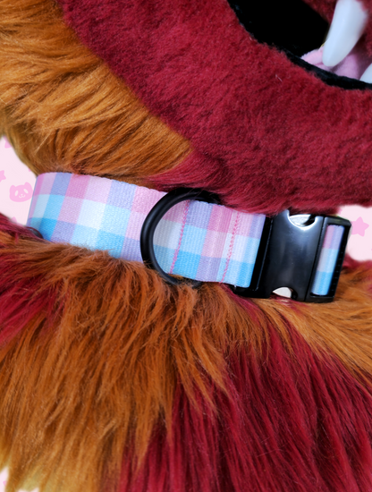 Collar - Pink + Blue Plaid with Black Metal Hardware