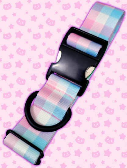 Collar - Pink + Blue Plaid with Black Metal Hardware